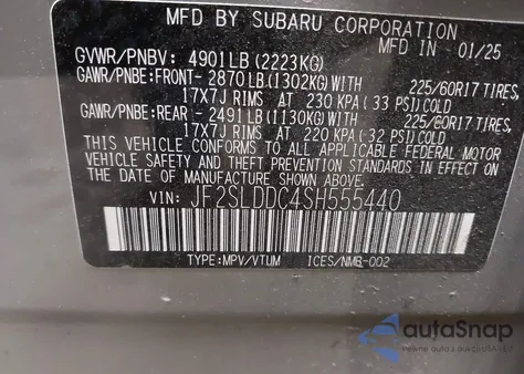 2025 Subaru Forester Premium из США, поврежденный, VIN JF2SLDDC4SH555440